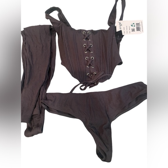 Dream Girl Knit Sleepwear Bustier Thong Shrug Set charcoal size medium - Picture 2 of 9